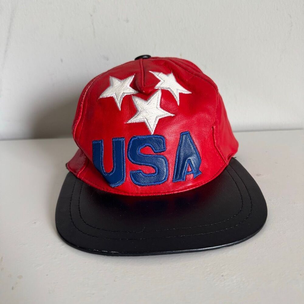 VTG 90s USA Leather Snapback Hat Red Black 3 Stars Patriotic Deadstock NOS